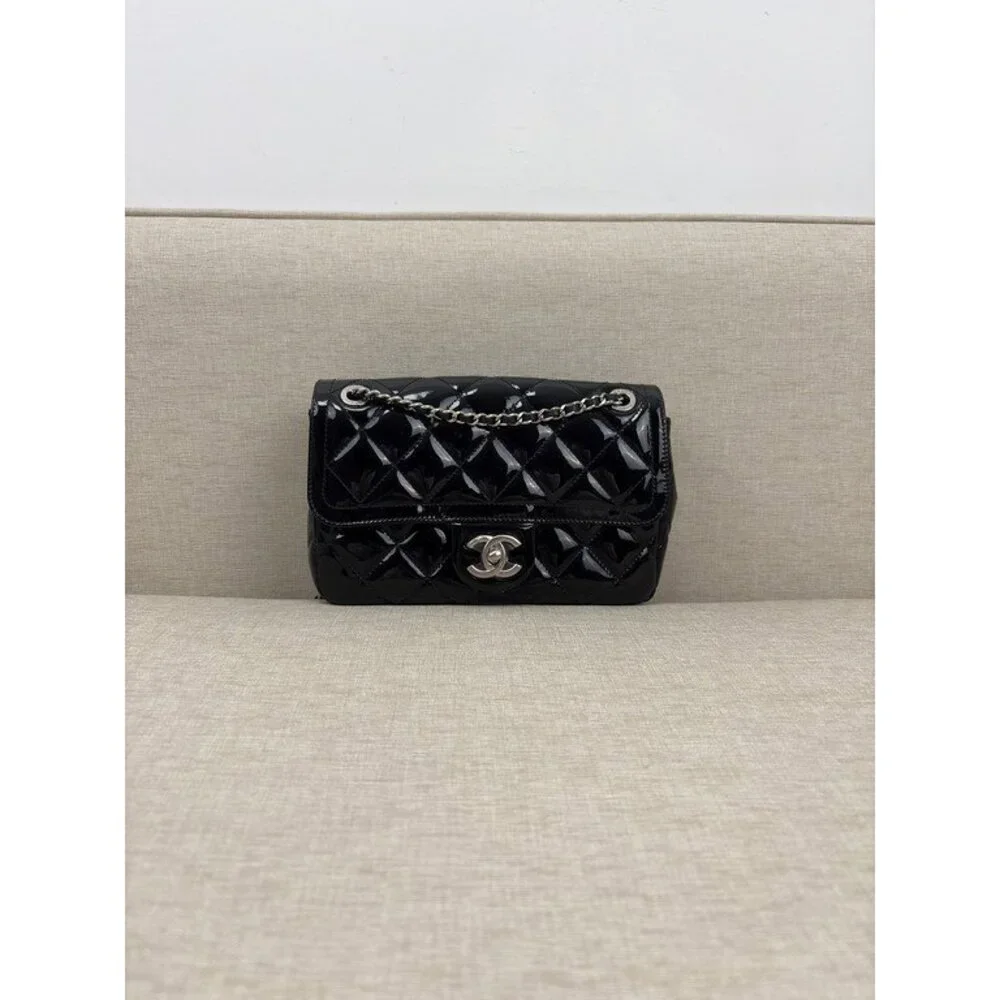 CHANEL Black Patent Leather Classic Flap Small SHW